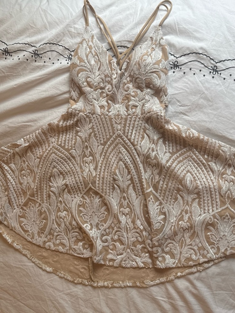 Women’s Windsor Lace A-Line Dress in Nude with White Embroidery
